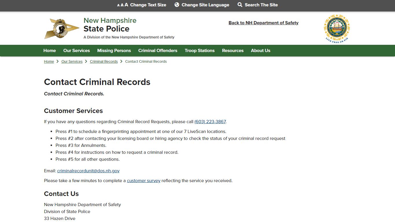 Contact Criminal Records | NH State Police